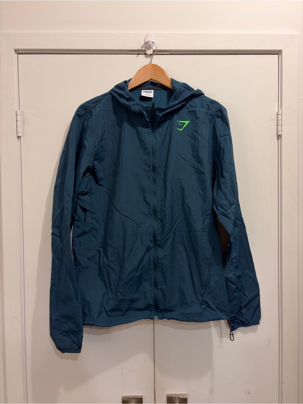 Gymshark Dark Teal Hooded Windbreaker with Lime Logo